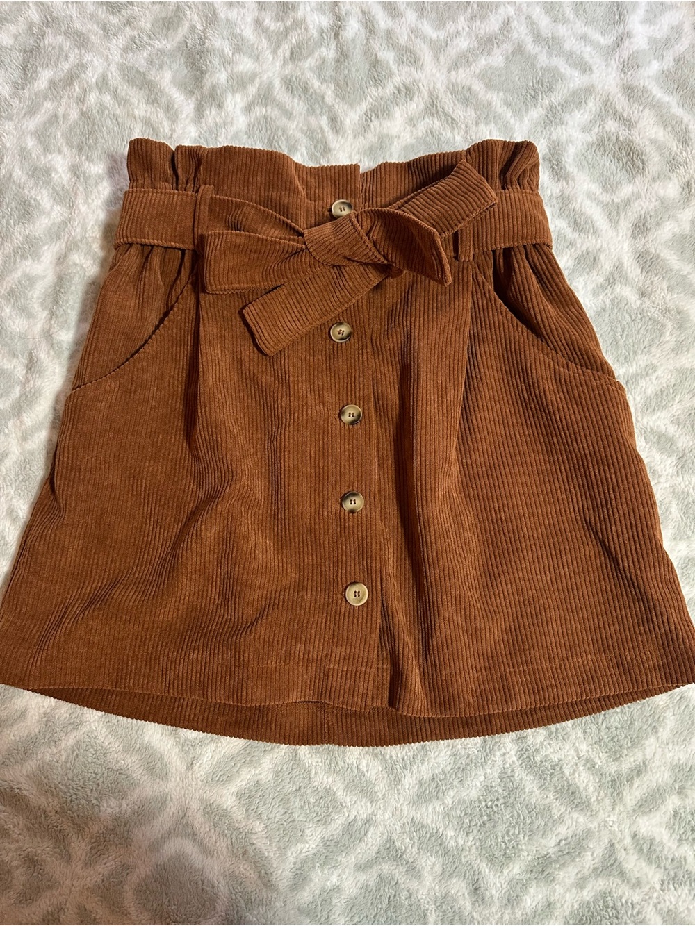 Corduroy Button-Front Paperbag Waist Skirt - Brown